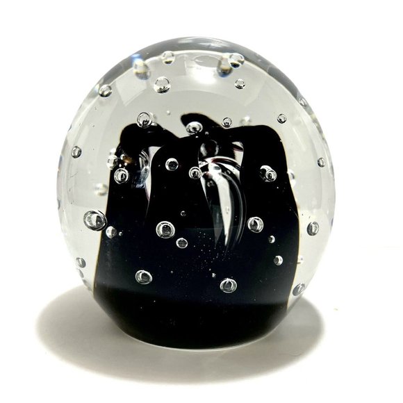 Vintage 1980s Edinburgh Art Glass Paperweight Bullicante Clear & Black Abstract - Picture 1 of 8